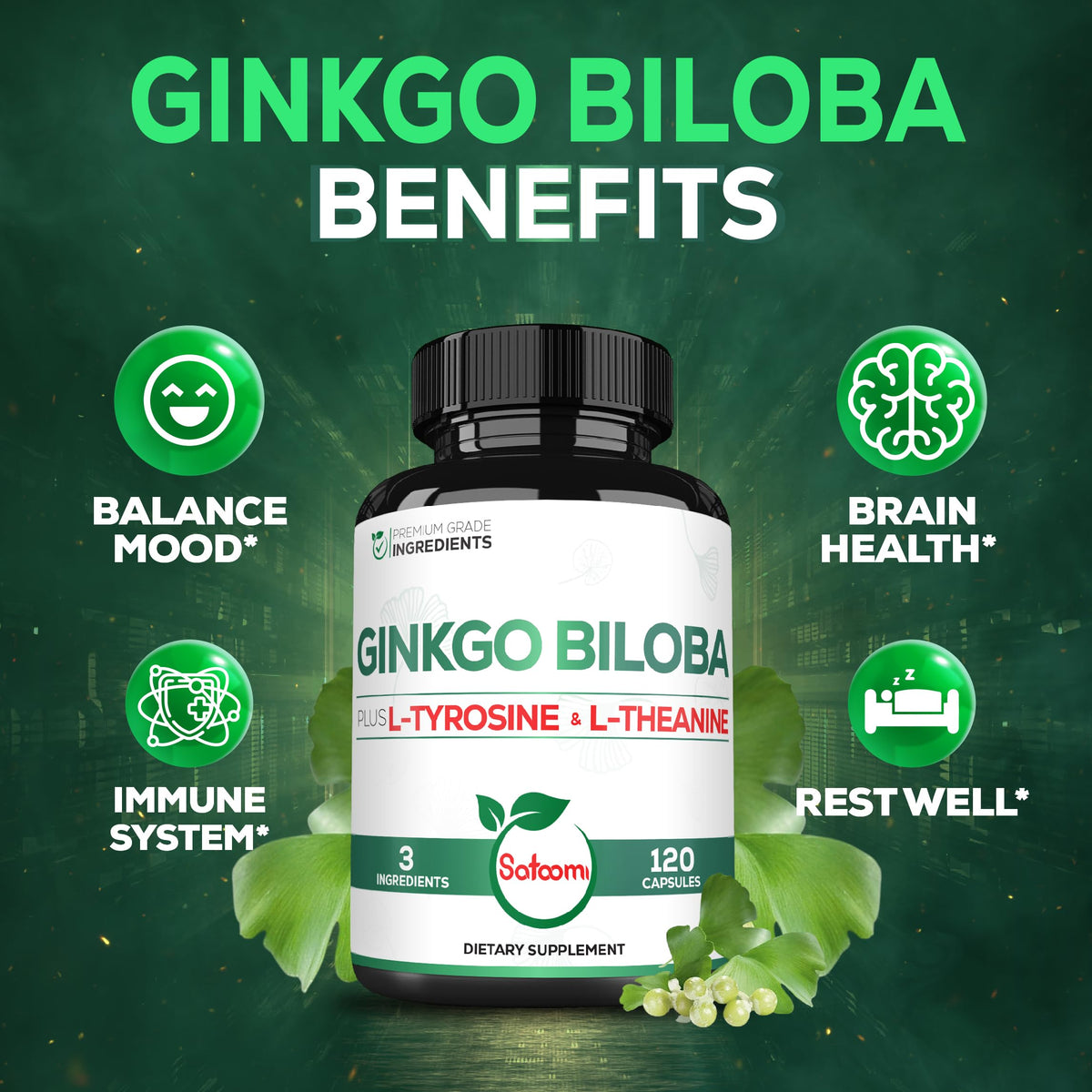 Satoomi Ginkgo Biloba 1000mg 120 capsules sur fond blanc