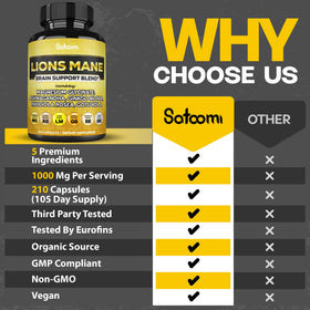 Satoomi Lions Mane avec ingrédients naturels en arrière-plan