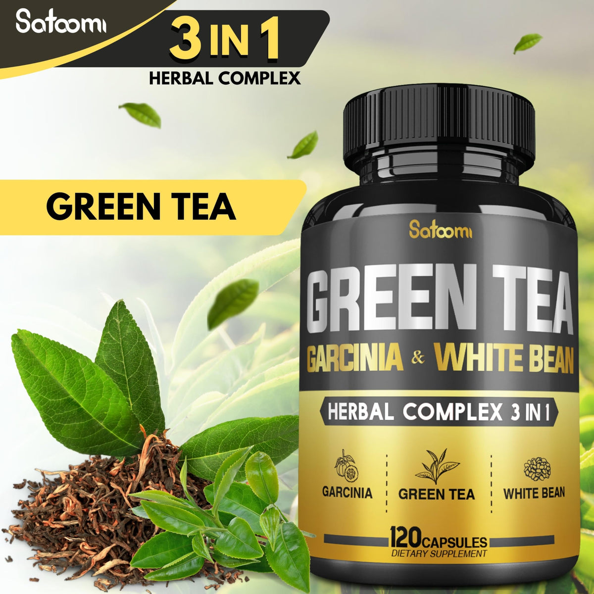 Satoomi thé vert 16000 mg avec ingrédients visibles autour