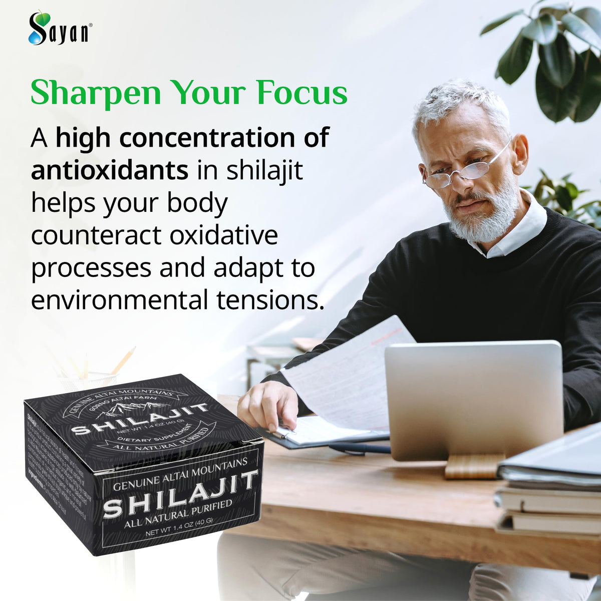 Sayan Shilajit Résine 1,4 oz affichée avec des fruits frais