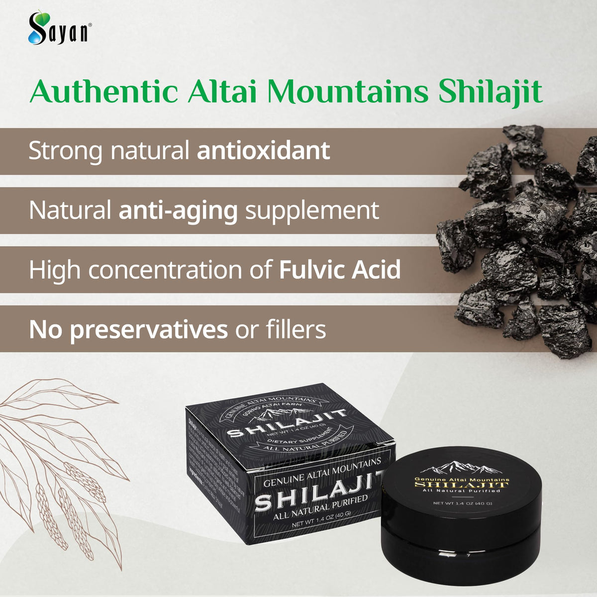 Sayan Shilajit Résine 1,4 oz avec cuillère en bois sur fond naturel
