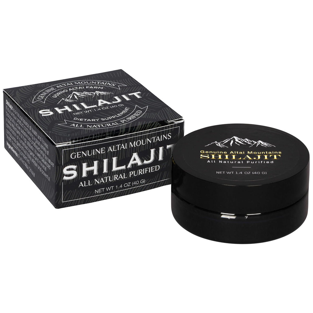 Sayan Shilajit Résine 1,4 oz en pot devant une surface blanche