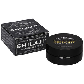Sayan Shilajit Résine 1,4 oz en pot devant une surface blanche