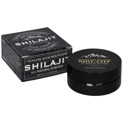 Sayan Shilajit Résine 1,4 oz en pot devant une surface blanche
