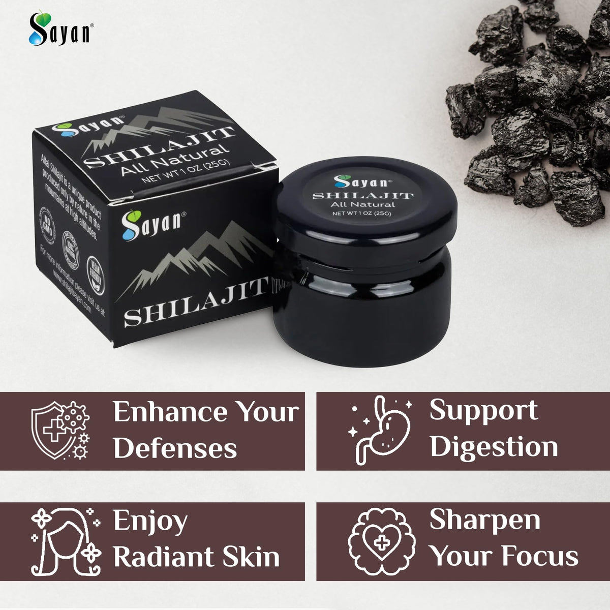 Sayan Shilajit Résine 90g sur une table en bois