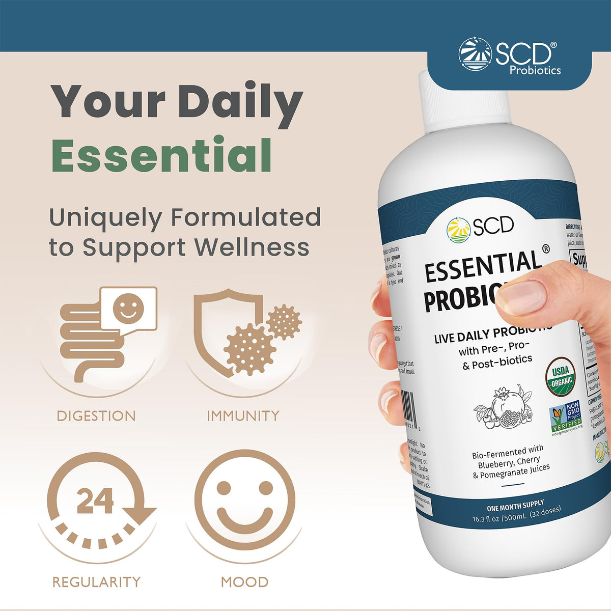 SCD Probiotics bouteille avec étiquette détaillant les ingrédients