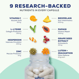 Scène lifestyle avec bouteille de vitamines claires Haro sur une table
