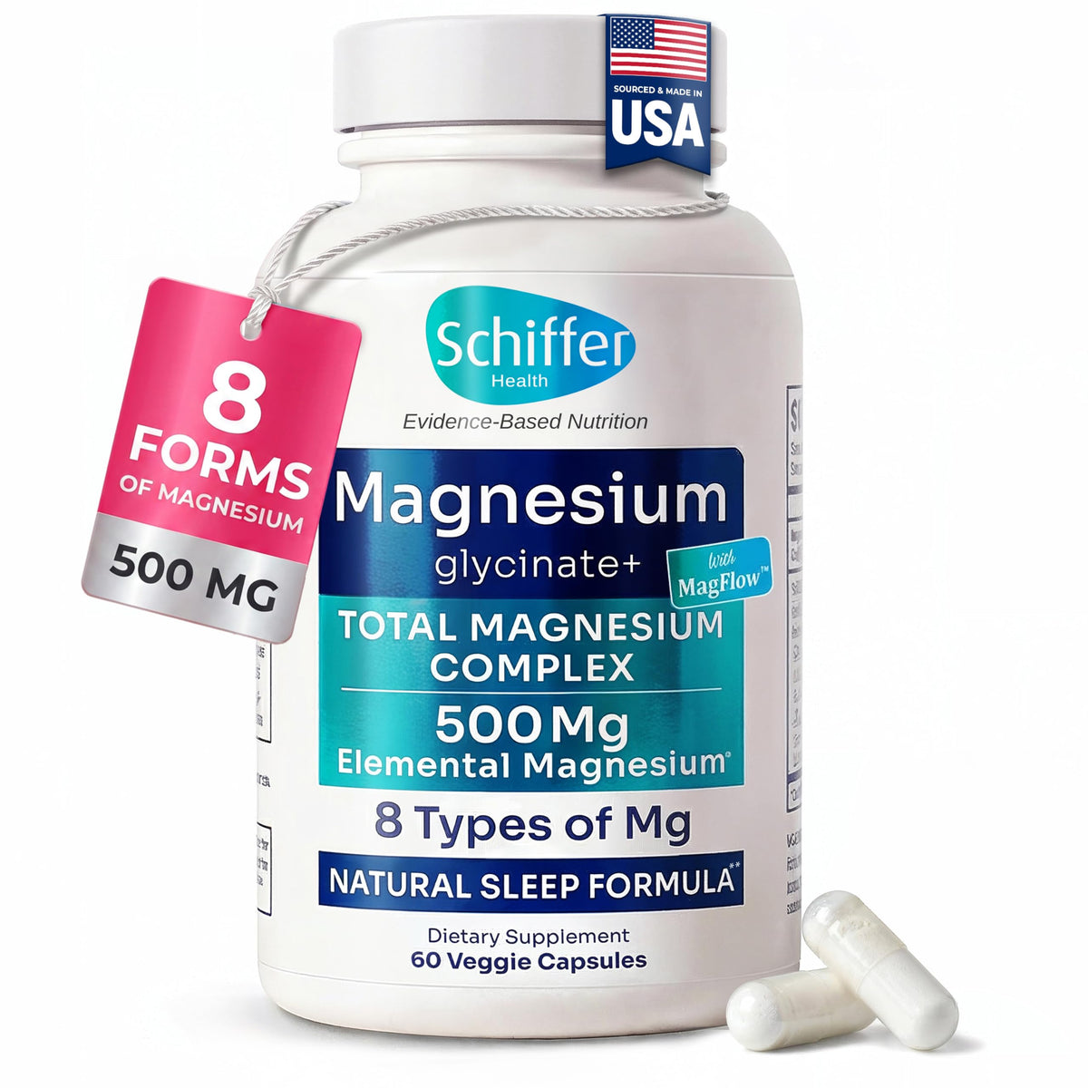 SCHIFFER HEALTH Complément Alimentaire Magnésium Complexe 500mg 60 Capsules - vue de l'emballage