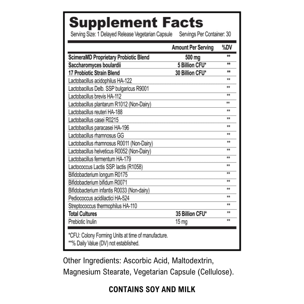 Scimera Bioscience complément probiotique et prébiotique 30 capsules vue arrière