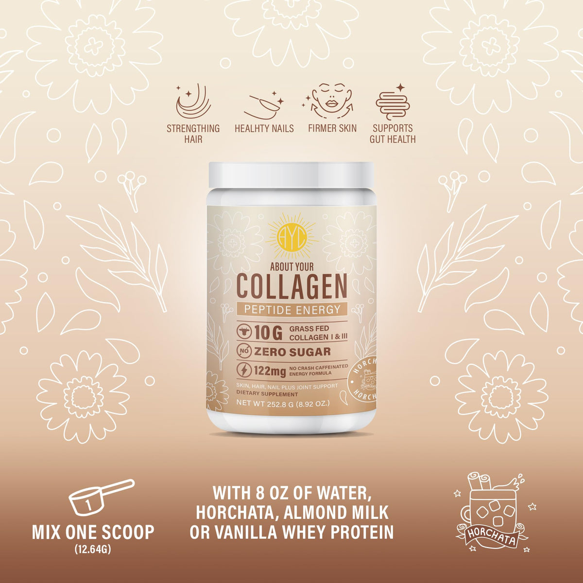 Scoop de poudre de collagène énergétique ABOUT YOUR COLLAGEN sur une table