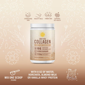 Scoop de poudre de collagène énergétique ABOUT YOUR COLLAGEN sur une table