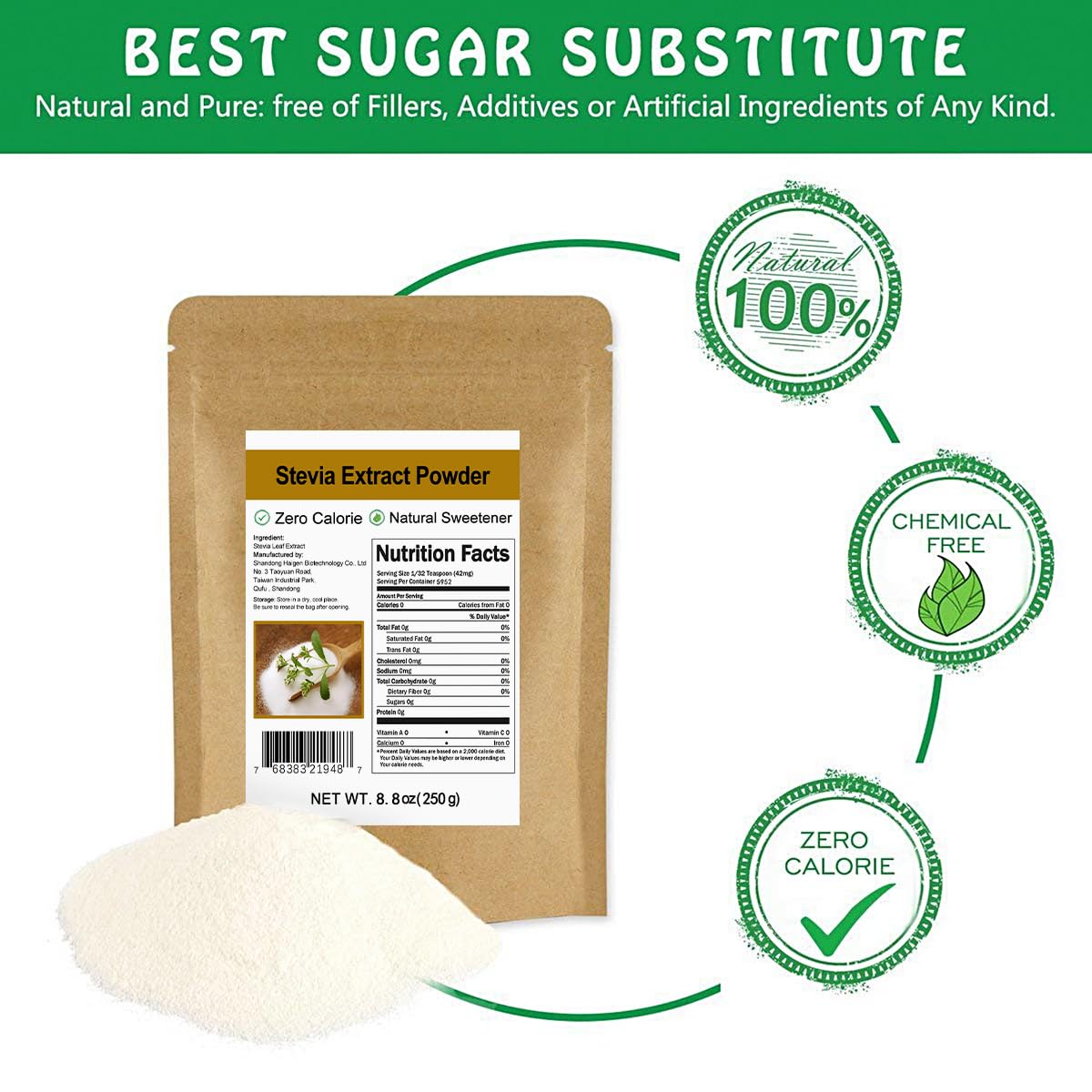 Scoop de poudre de stevia CCnature sur une table en bois