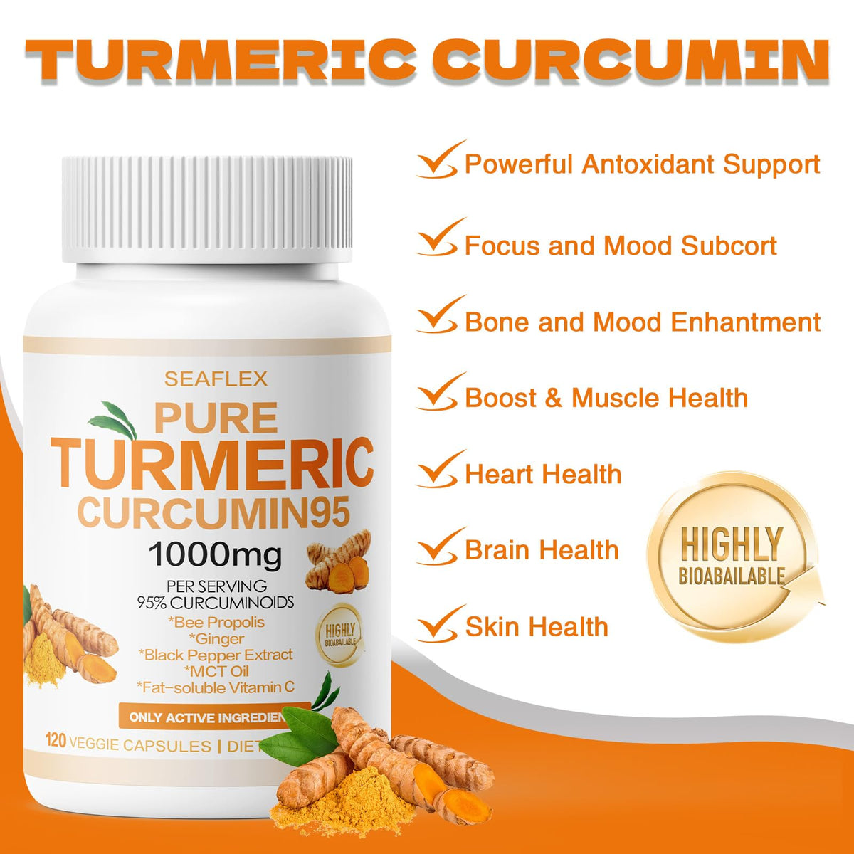 SEAFLEX Curcuma Curcumine 1000mg 120 capsules avec emballage