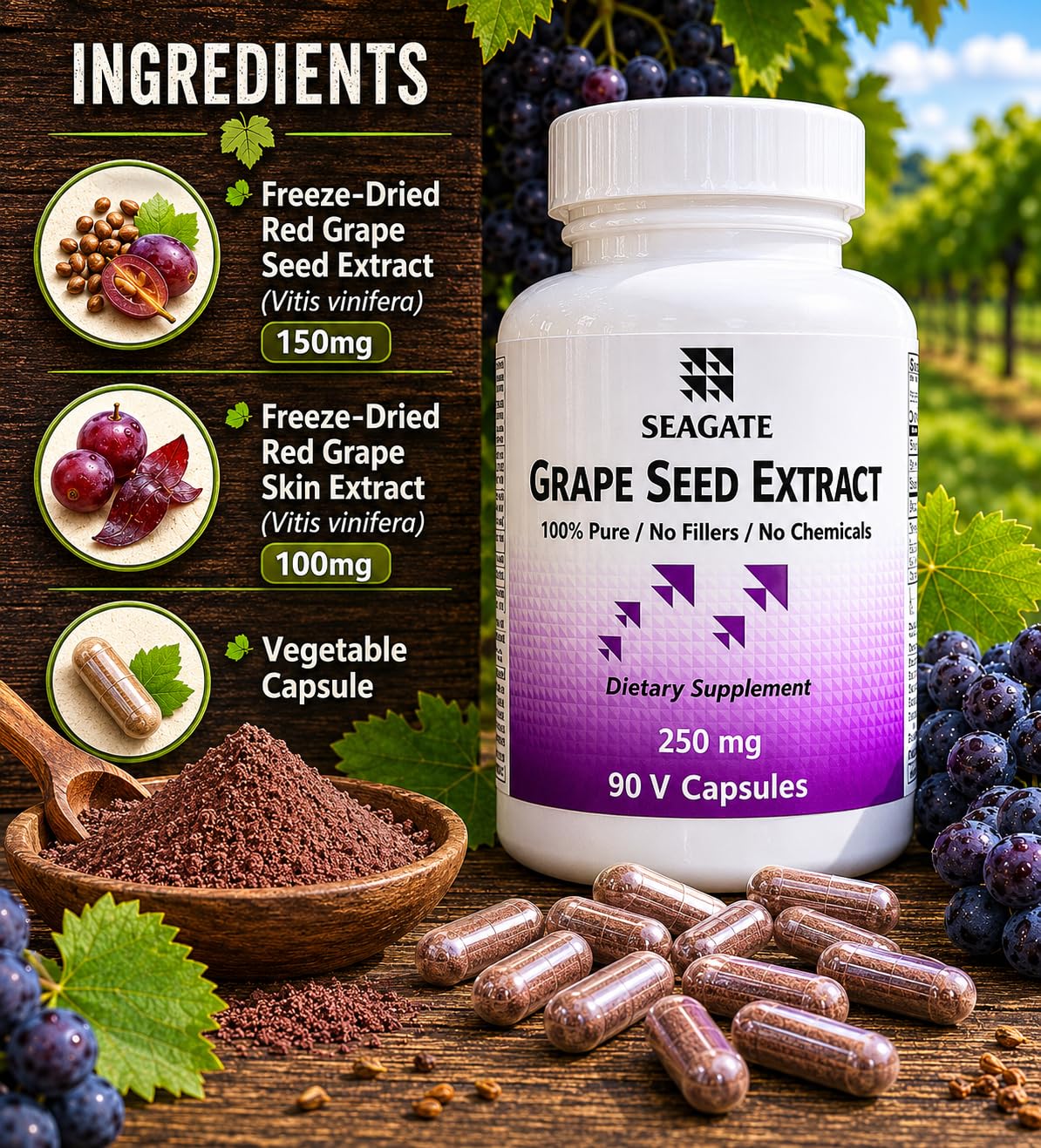 Seagate Extrait de Pépin de Raisin 250mg Capsules Végétales - Détails des ingrédients