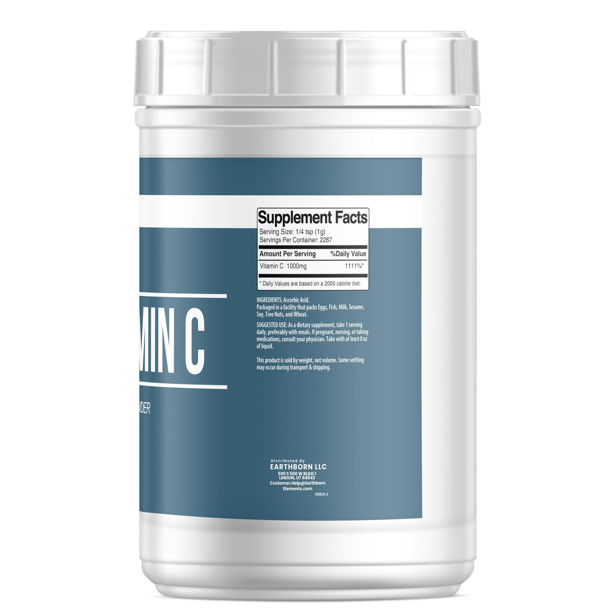 Seau de 2368g de poudre de Vitamine C Earthborn Elements, vue de côté