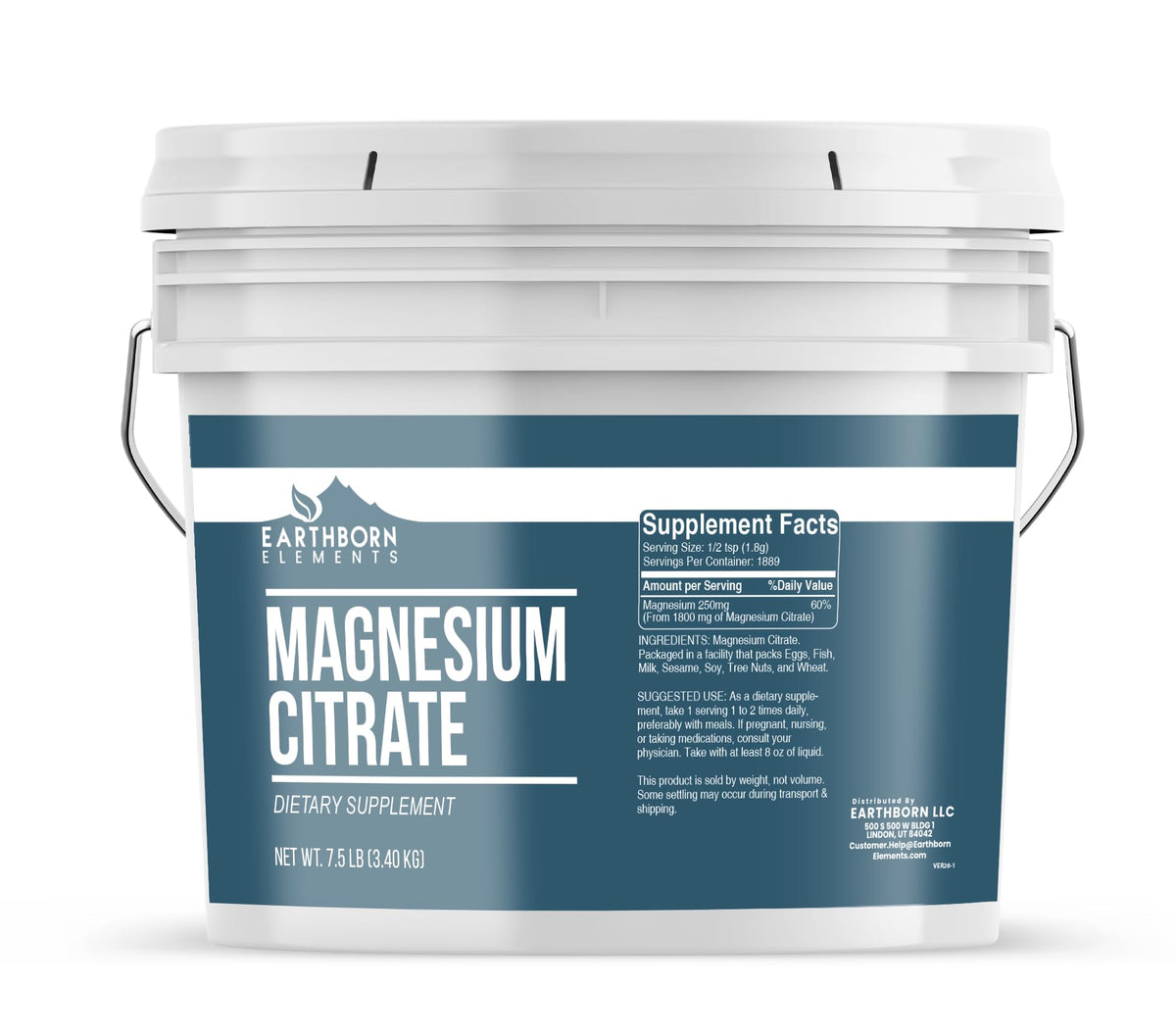 Seau réutilisable de citrate de magnésium Earthborn Elements 7,5 lb vue de face
