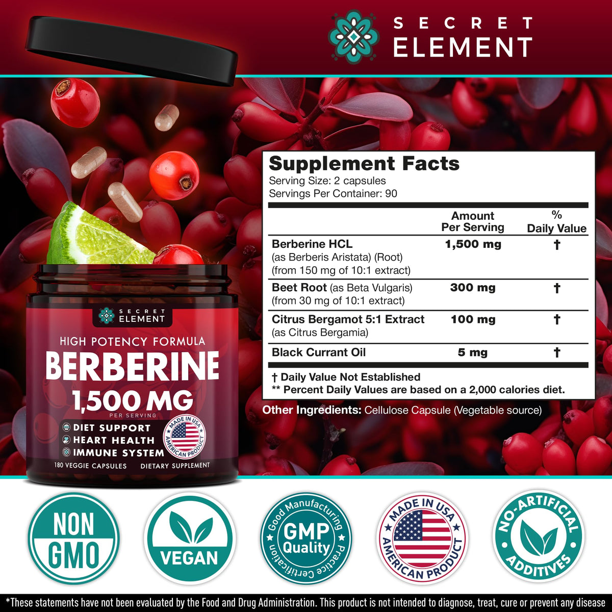 Secret Element Berbérine HCL 1500 mg capsules avec bergamote