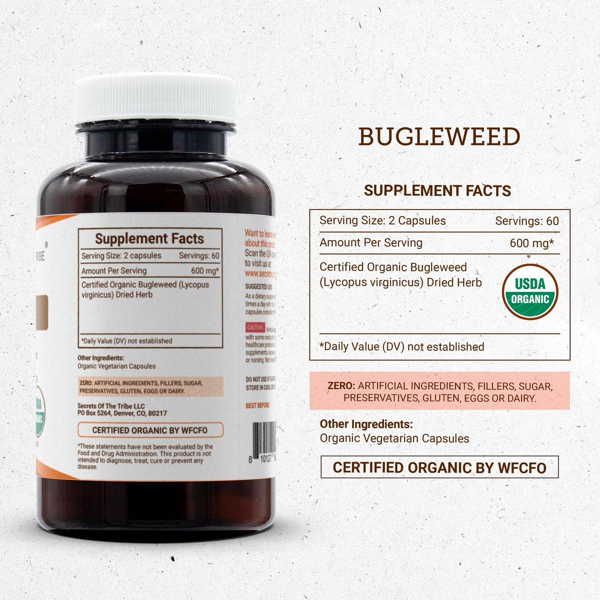 Secrets of the Tribe Bugleweed capsules sur fond blanc