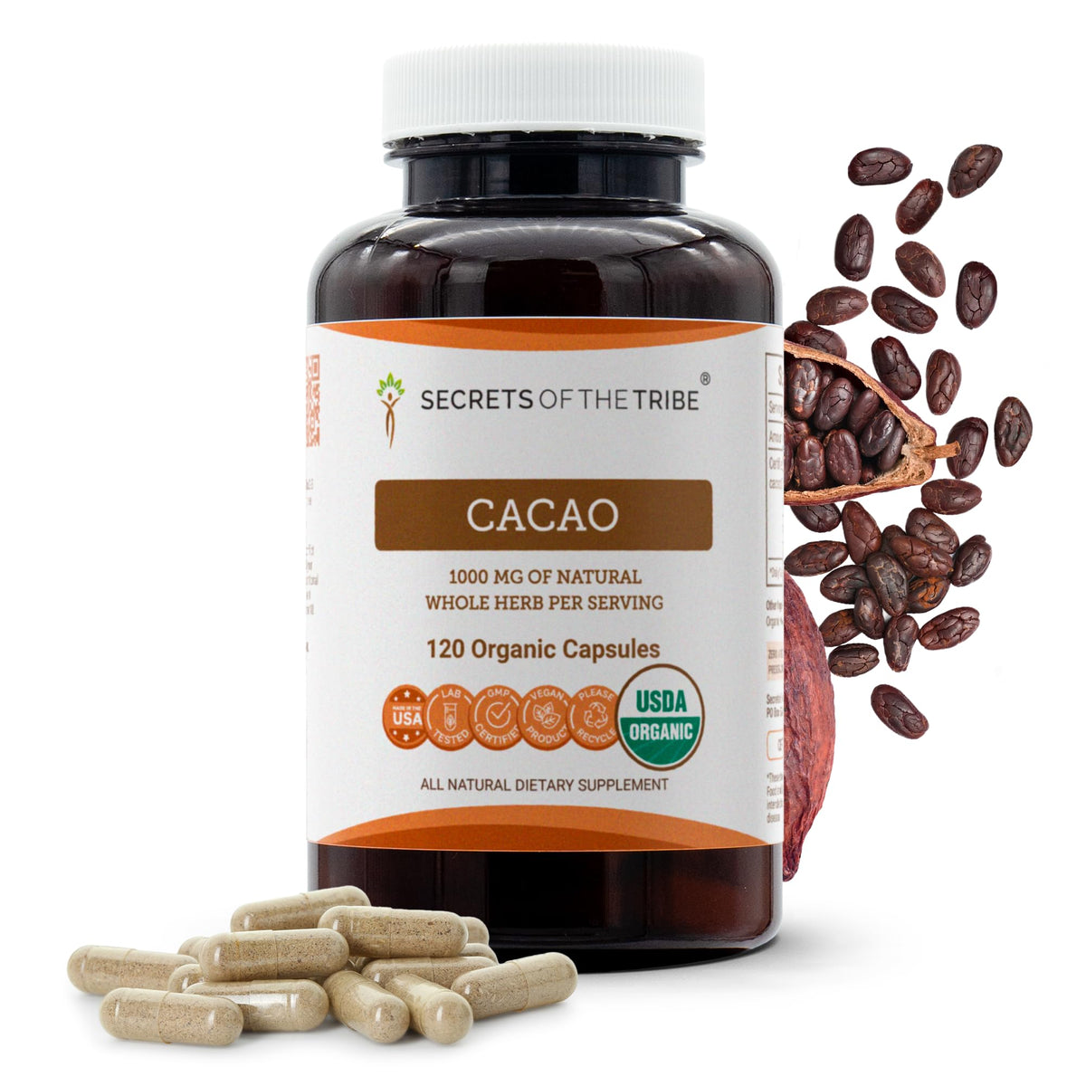 Secrets of the Tribe Cacao 120 capsules packaging front view
