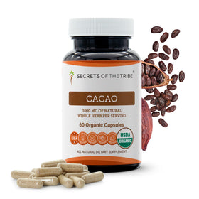 Secrets of the Tribe Cacao 60 Capsules vue avant avec étiquette bio
