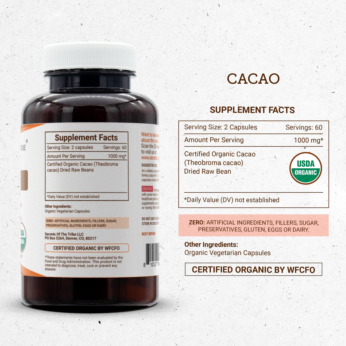 Secrets of the Tribe Cacao capsules on a wooden table