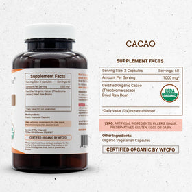 Secrets of the Tribe Cacao capsules on a wooden table