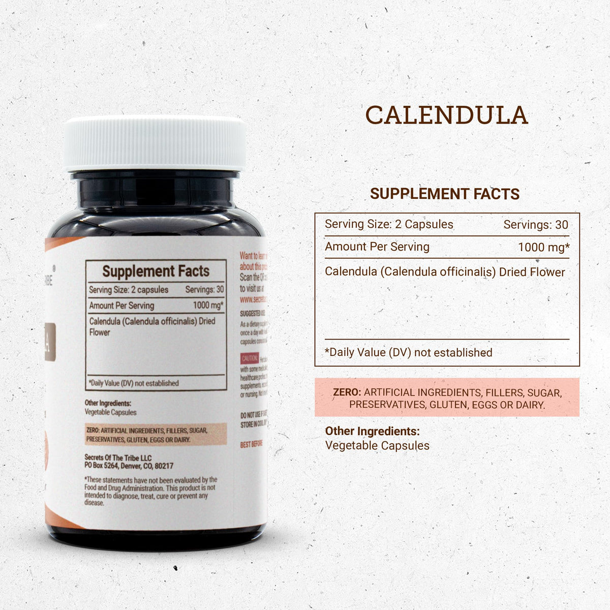 Secrets of the Tribe Calendula 60 capsules sur fond naturel