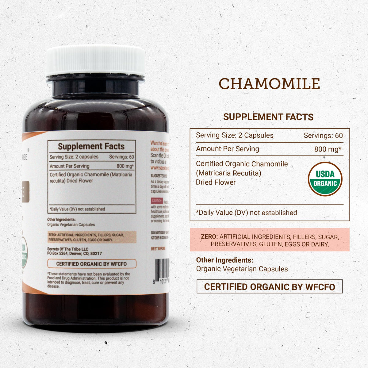 Secrets of the Tribe Camomille capsules ouvertes sur une table