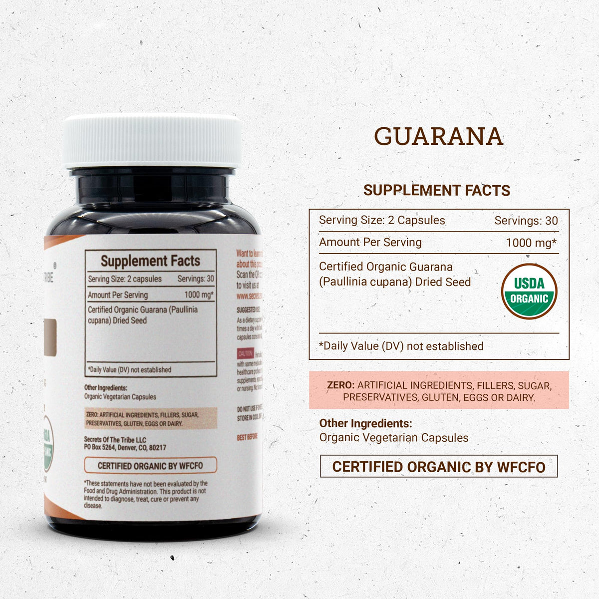 Secrets of the Tribe Capsules de Guarana Biologiques montrant la taille des comprimés