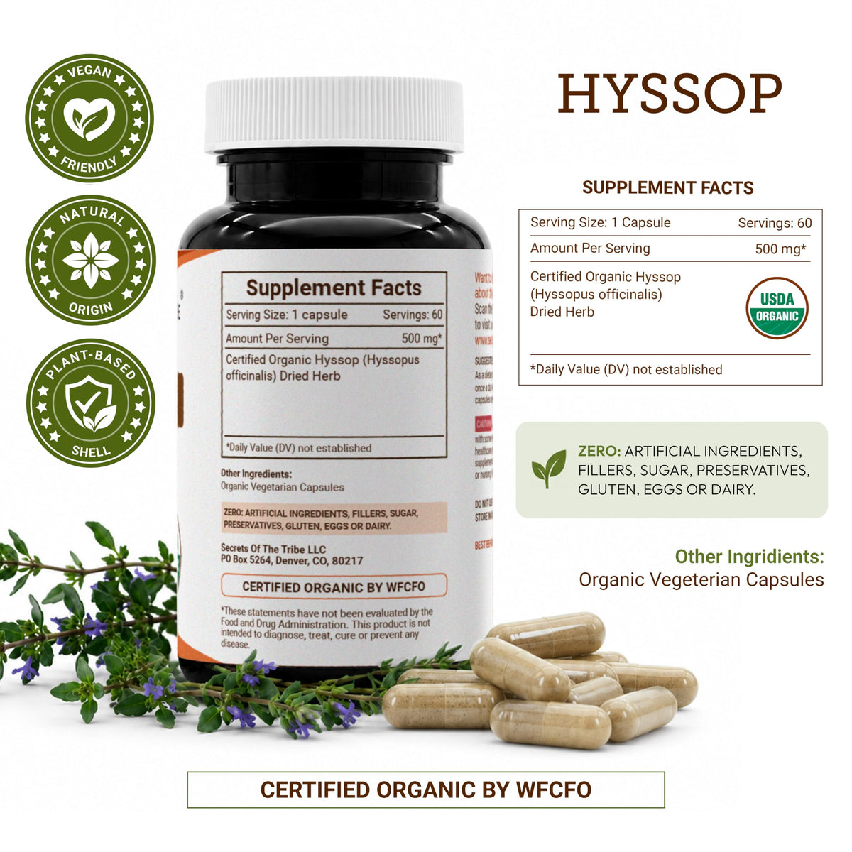 Secrets of the Tribe Hysope Bio capsules on a wooden table