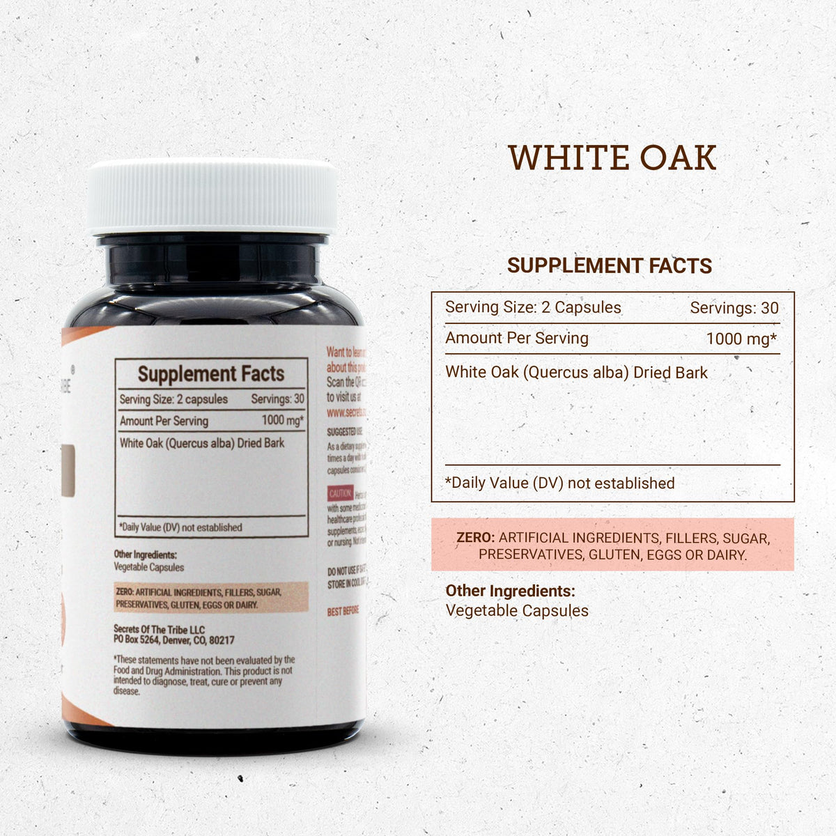 Secrets of the Tribe Quercus Alba 60 Capsules, présentation avec des plantes