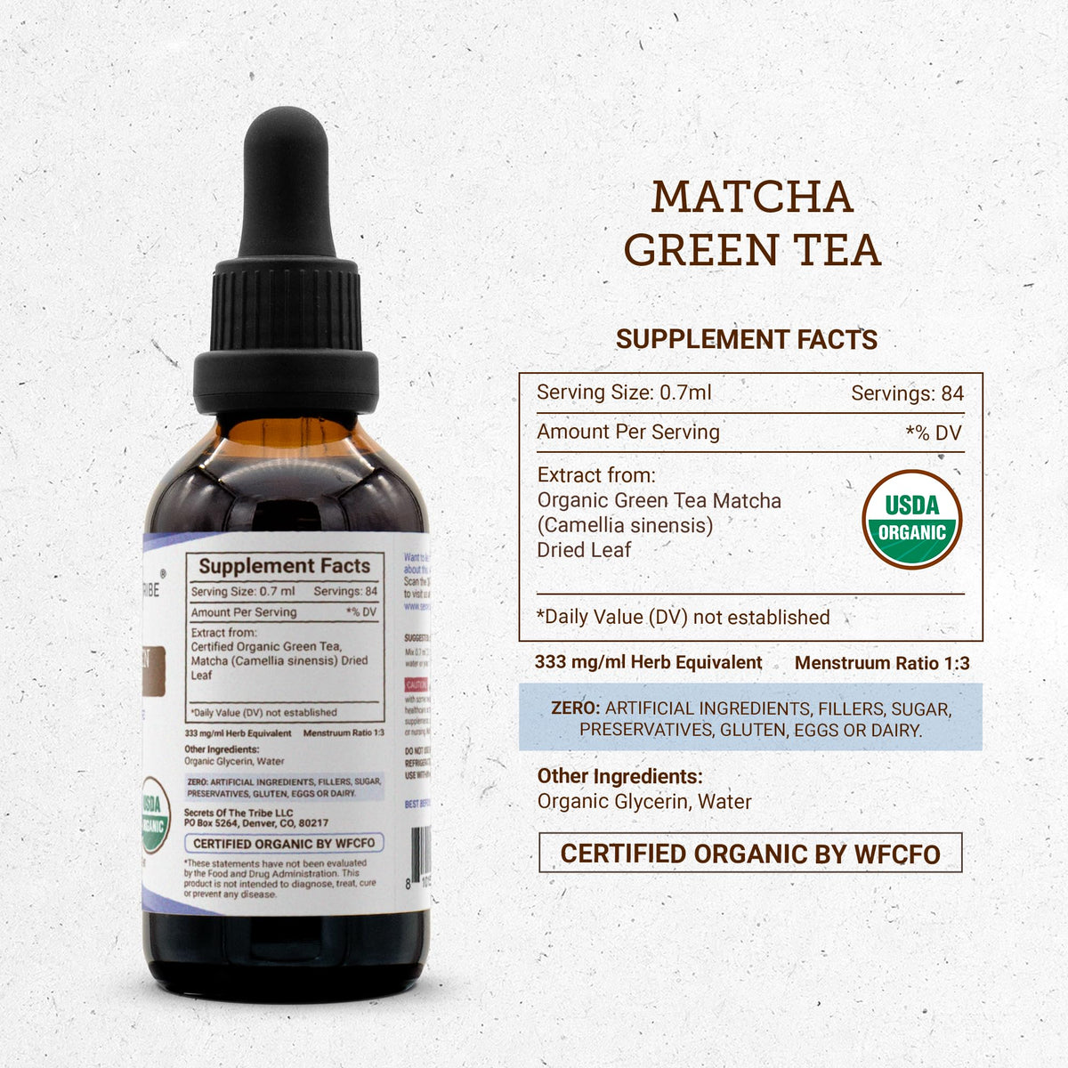Secrets of the Tribe Thé Vert Matcha Bio 60ml sur une table