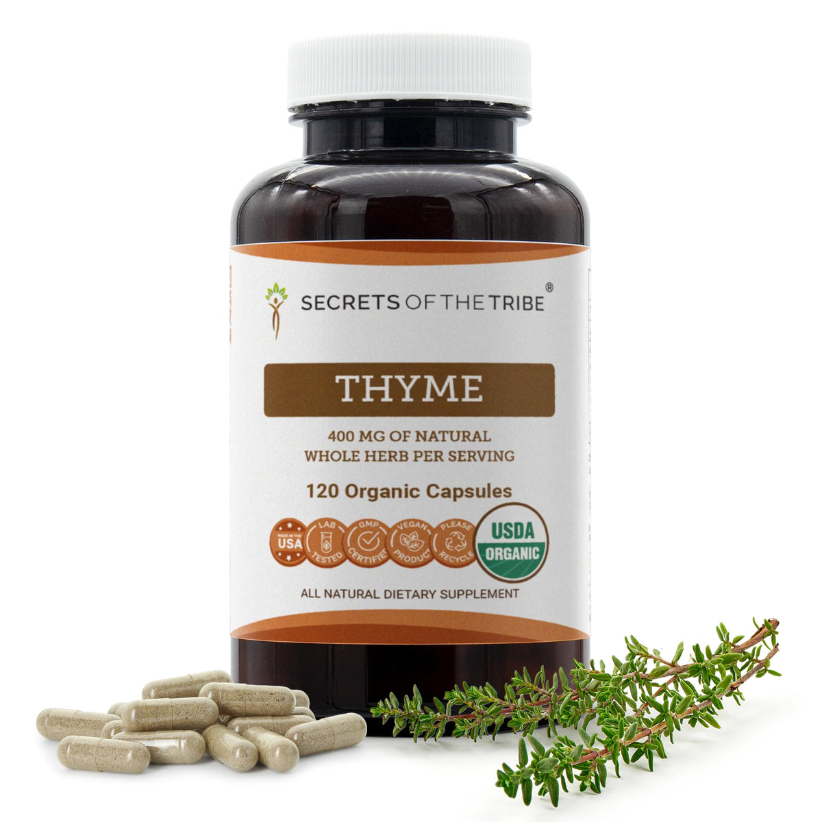 Secrets of the Tribe Thym 120 capsules, vue avant du flacon