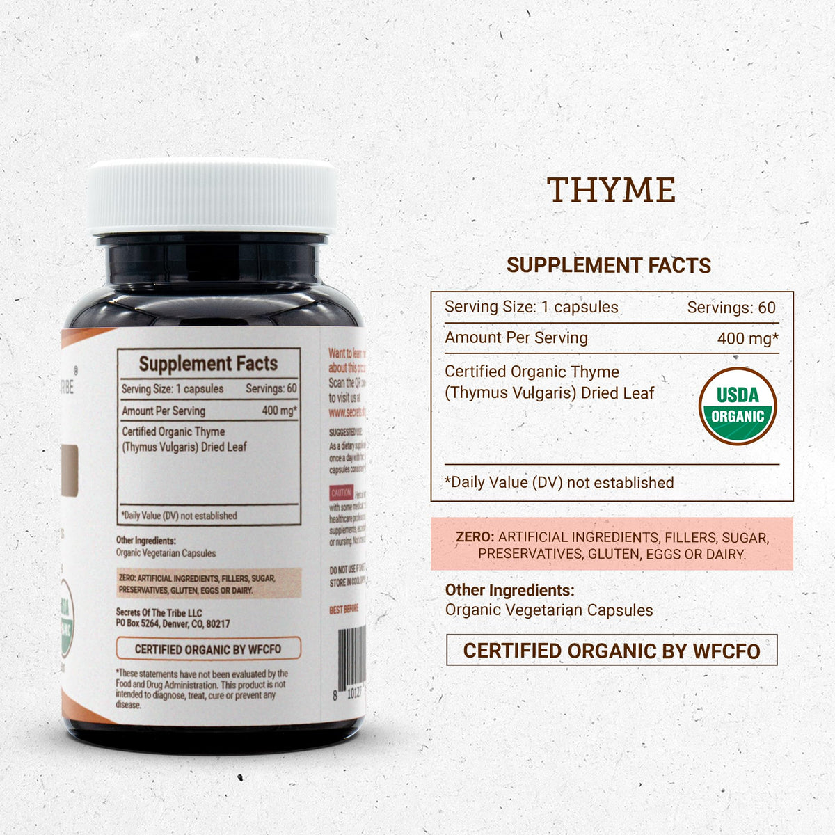 Secrets of the Tribe Thym 60 Capsules avec étiquette