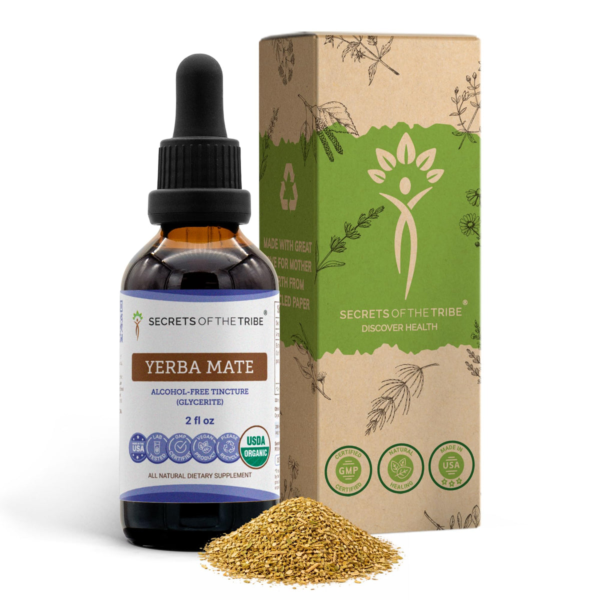 Secrets of the Tribe Tincture de Yerba Mate Bio 60 ml devant une feuille de yerba mate