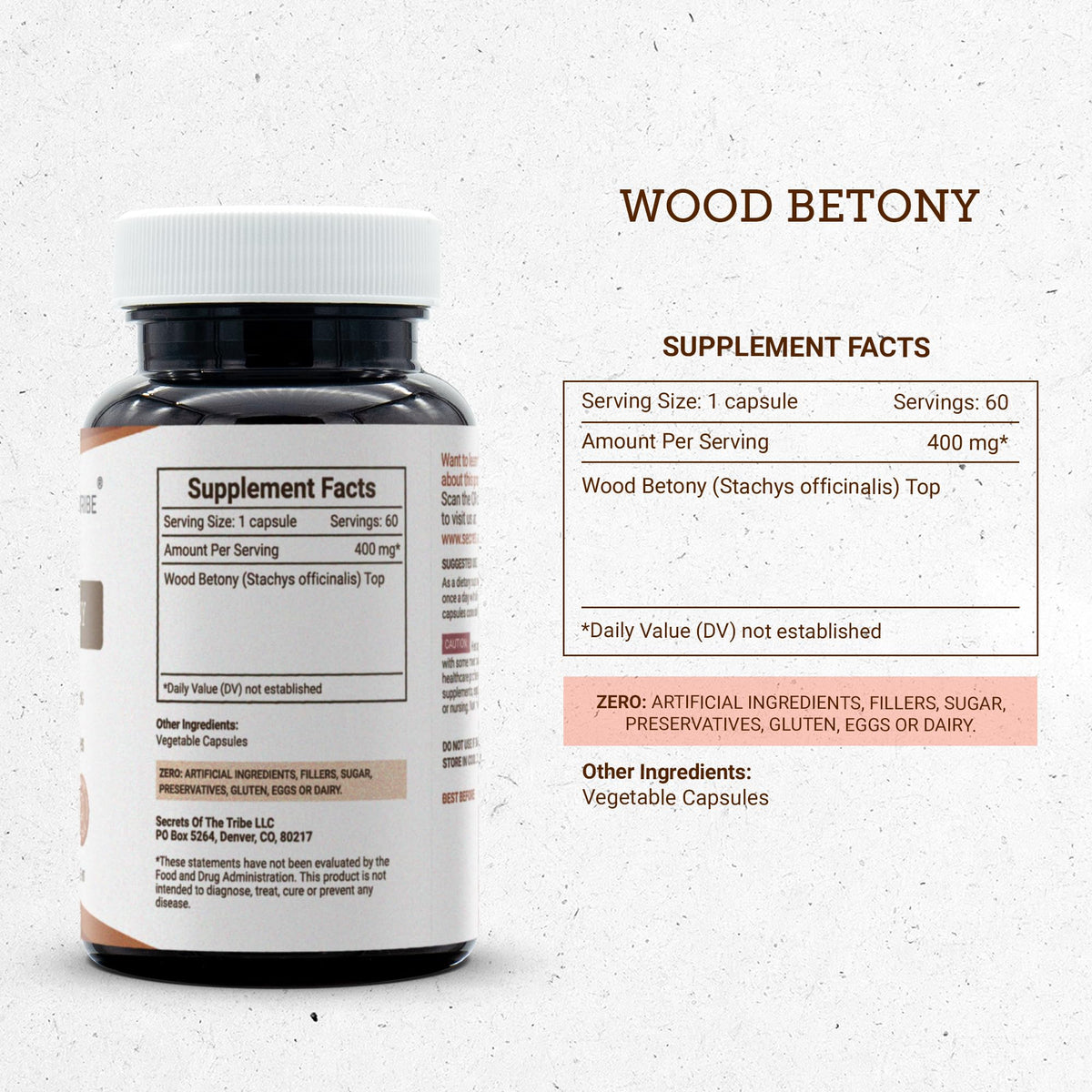 Secrets of the Tribe Wood Betony 60 Capsules détails des ingrédients