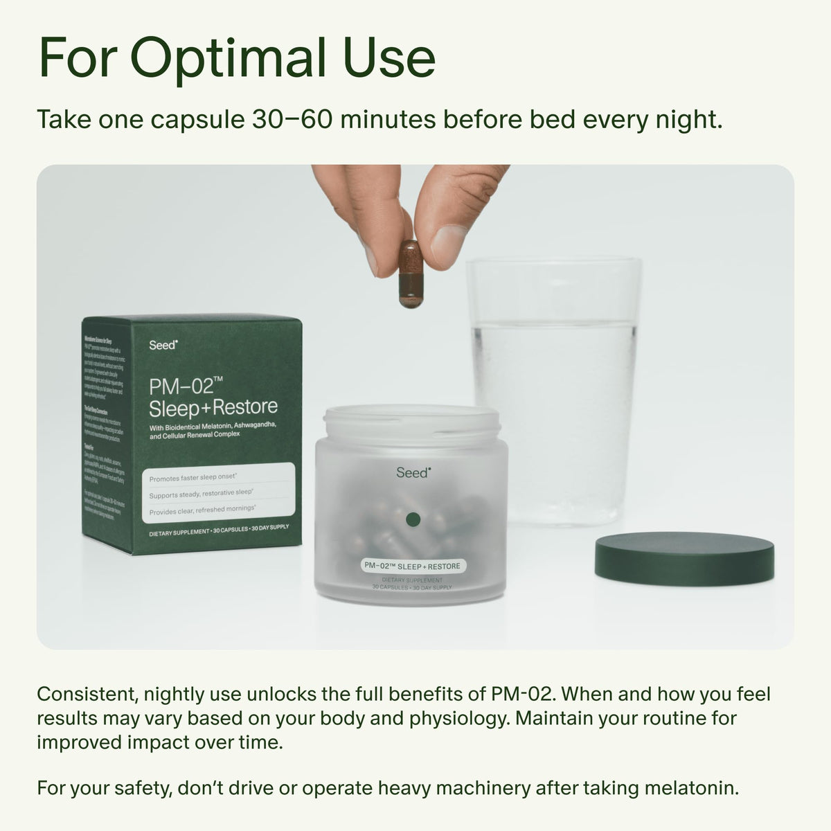 Seed PM-02 Complément de Sommeil avec des ingrédients naturels en arrière-plan