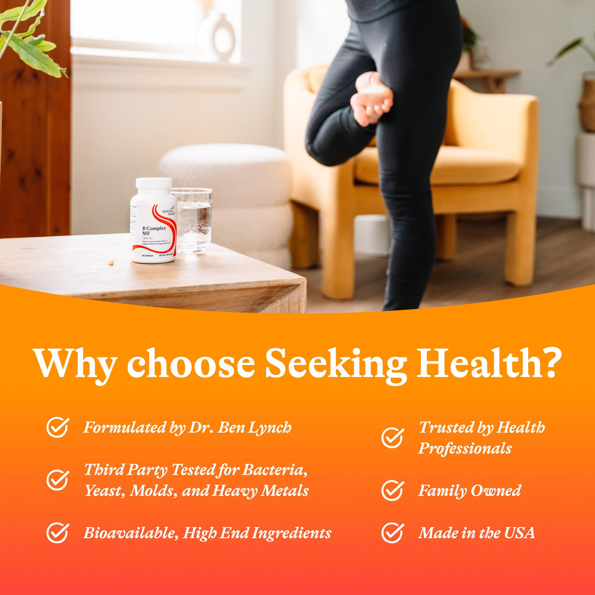Seeking Health B Complex MF capsules in a glass