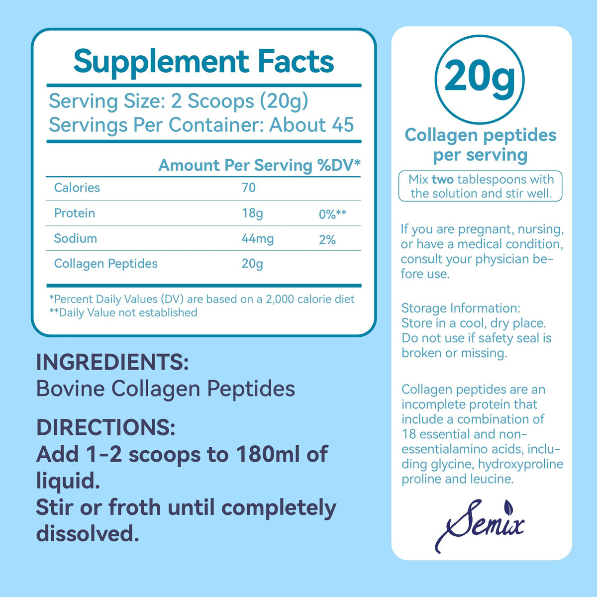 Semix Poudre de Collagène Peptides type I & III, étiquette avec ingrédients