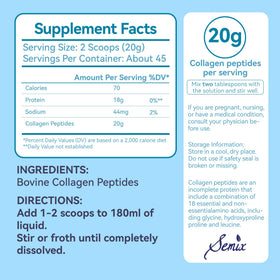 Semix Poudre de Collagène Peptides type I & III, étiquette avec ingrédients