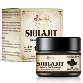 Sennasi Résine de Shilajit Organique 600mg étiquette et informations