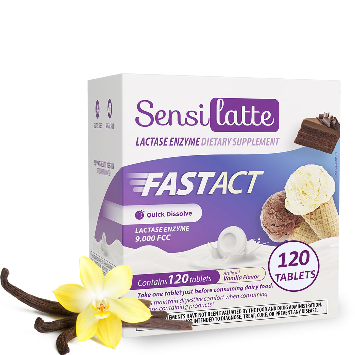SENSI LATTE Lactase Enzyme 120 comprimés vanille, vue avant