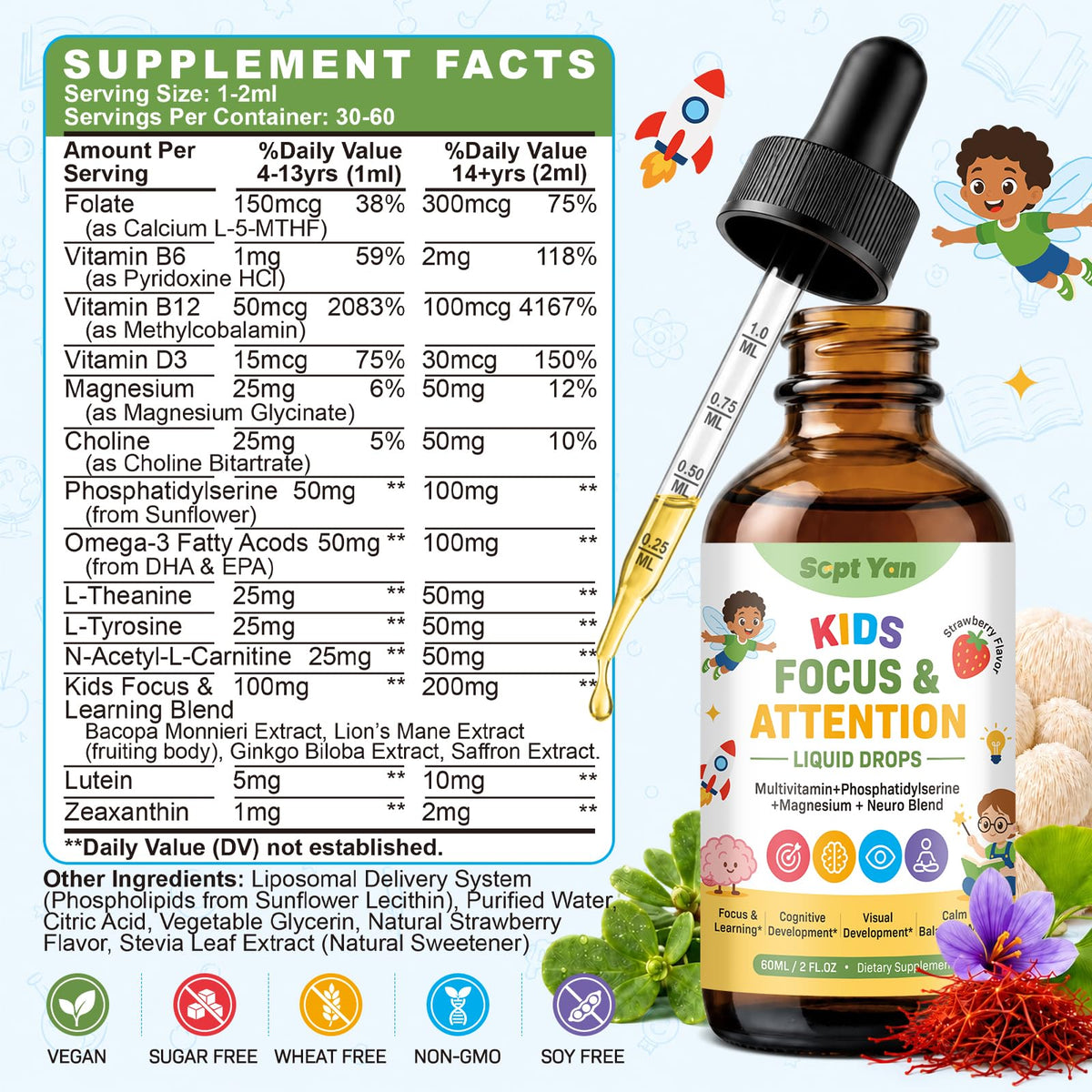 SEPT YAN Complément Alimentaire Enfants Concentration 60ml gouttes de fraise