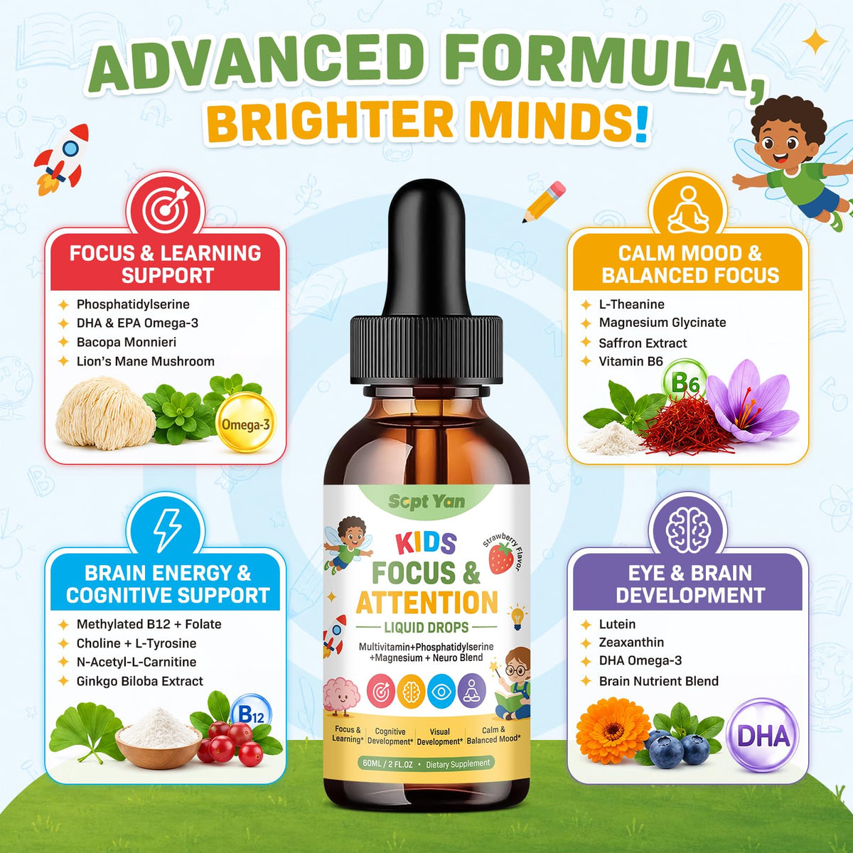 SEPT YAN Complément Alimentaire Enfants Concentration 60ml sur une table