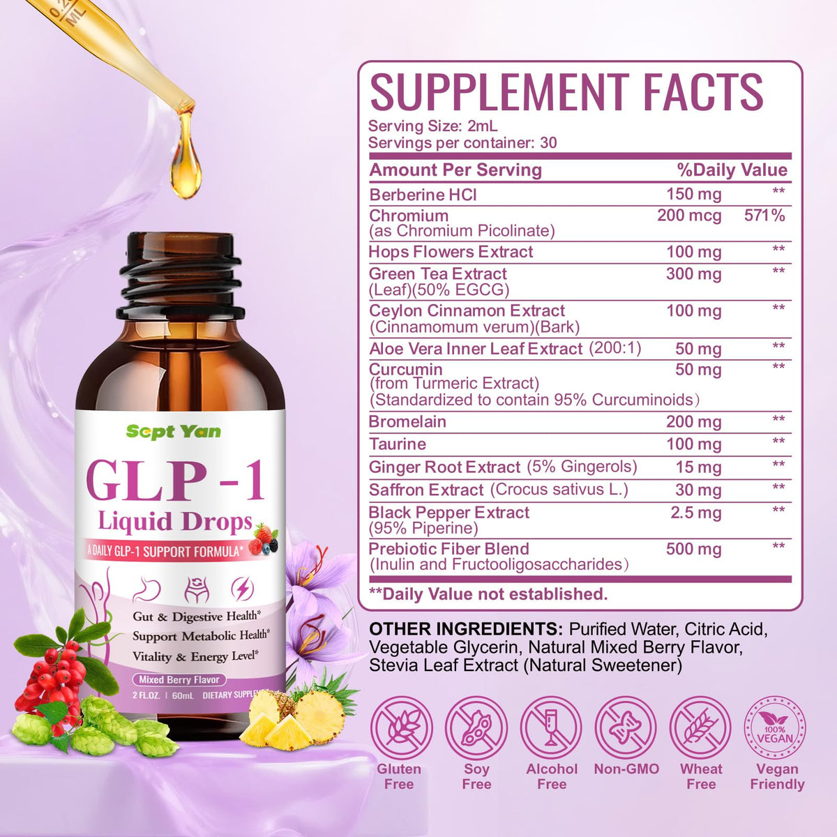 SEPT YAN Gouttes Liquides GLP-1 60 ml - étiquette et ingrédients