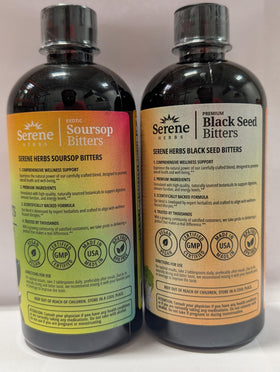 Serene Herbs Soursop Bitters et Black Seed Oil dans un environnement naturel