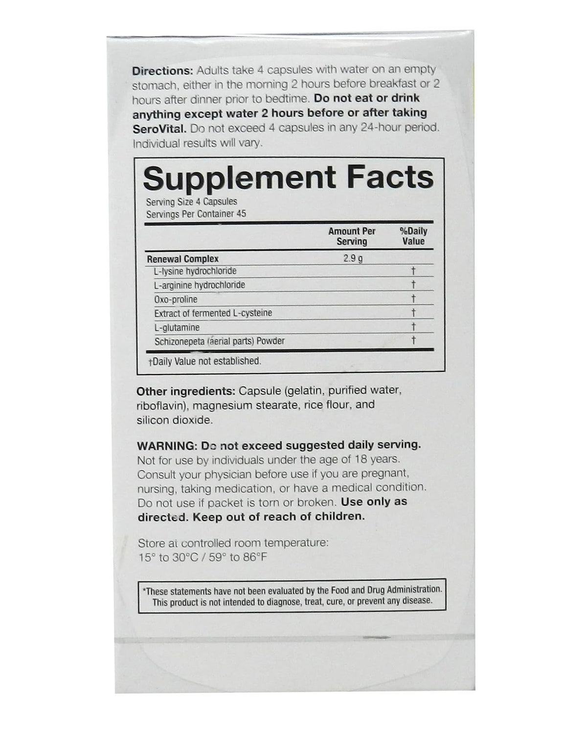 Serovital Complexe Renouvellement 180 Capsules montrant le dos du produit