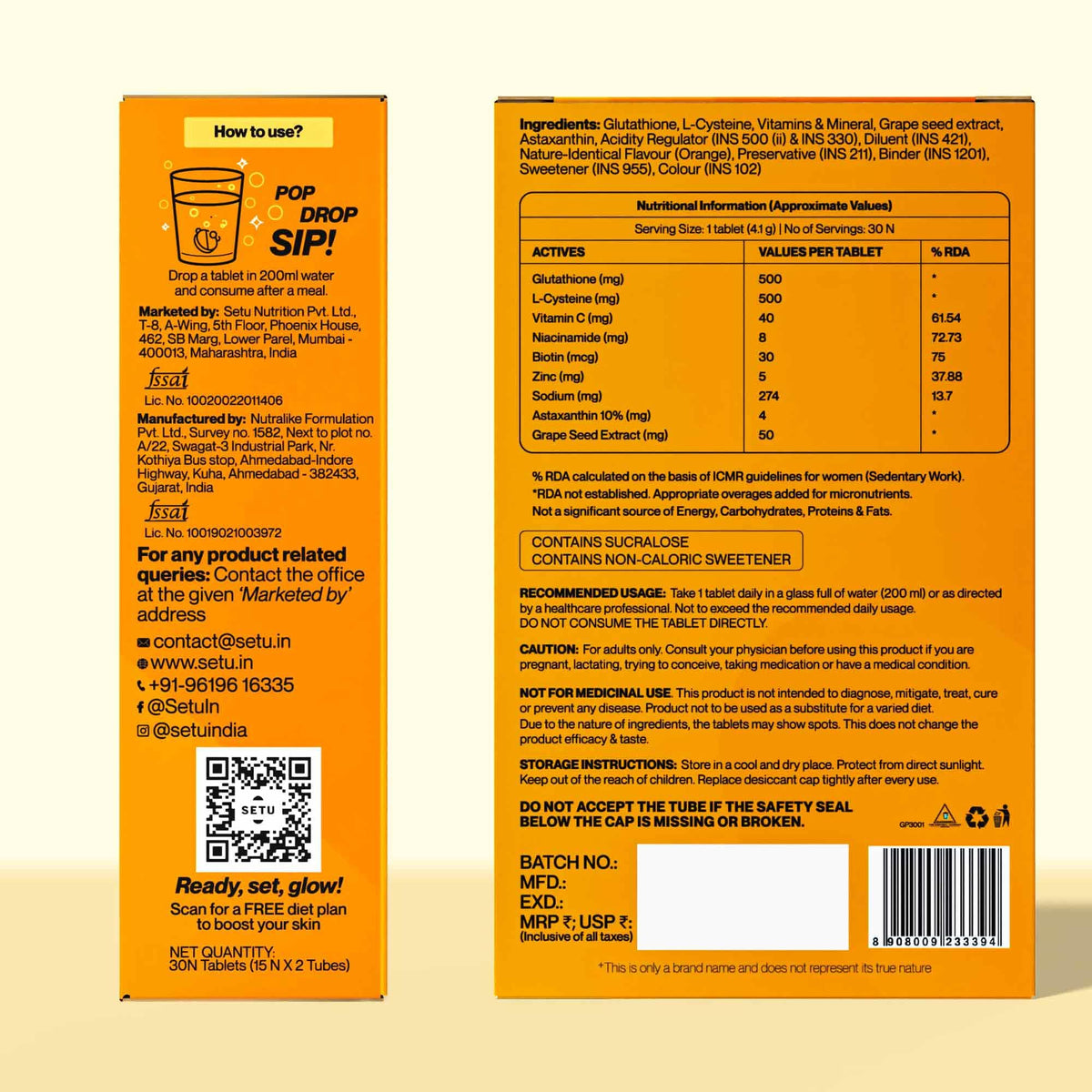SETU glutathione comprimés effervescents dans une boîte