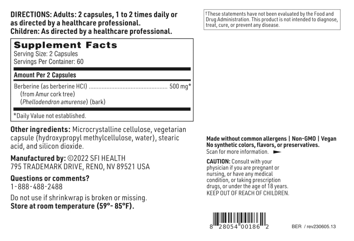SFI Health Berbérine HCl 500mg - étiquettes et détails