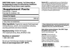 SFI Health Betaïne HCl 648mg capsules sur fond blanc
